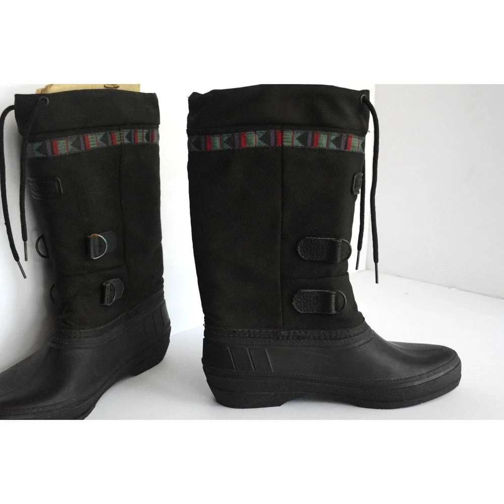 LL Bean Women's Black Canvas Pull On Mid Calf Drawstring Winter Boots Size 7 - Picture 10 of 16